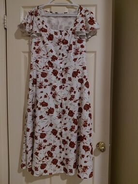 SHEIN White Midi Dress with Rust Floral Print